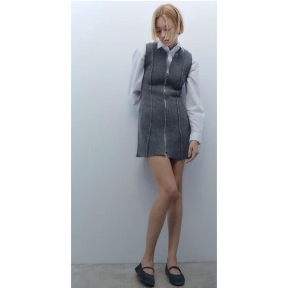 Zara Preppy Gray Zip-up Mini Dress Size Small NWT - Picture 1 of 8
